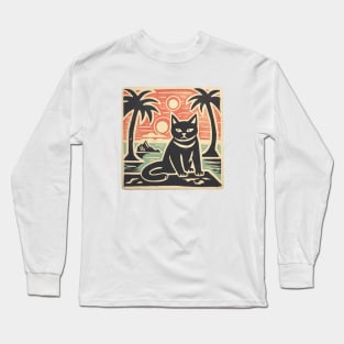 Black Cat Lino Cut Hawaiian Sunset Long Sleeve T-Shirt